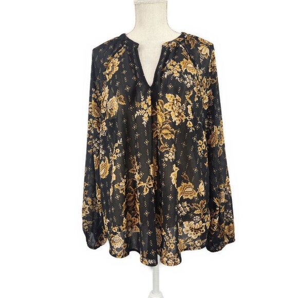 Torrid Crinkle Chiffon Lurex Peasant Long Sleeve Blouse Women's M/L Black Gold - Picture 1 of 7